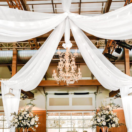 4 Panels White Ceiling Drapes for Wedding 5ftx30ft Sheer Drapery Chiffon Fabric Arch Draping Curtains for Party Ceremony Birthday Baby Shower Reception Stage Ceiling Decorations