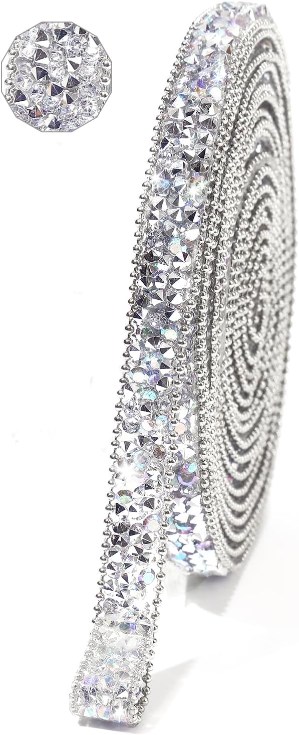 Rhinestone Ribbon 3 Yards Self Adhesive Rhinestone Strips Diamond Ribbon Sticker Crystal Roll Glitter Bling Rhinestones Tape for Crafting DIY Art Decoration (Silver AB,0.4 Inch)