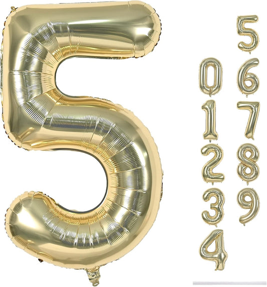 Champagne Gold Balloon Number 5, 40 Inch Large Self Inflating Foil Number Balloons 0-9, Light Gold Digital 5 Helium Balloon for 5th Girls Boys Women Birthday Party Graduation Anniversary Decorations
