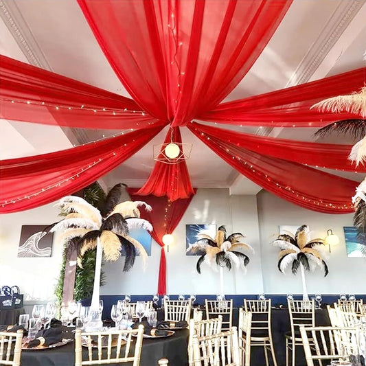 6 Panels Red Wedding Ceiling Drapes 5ftx20ft Ceiling Drapes Chiffon Fabric Arch Draping Sheer Curtains Soft Drapery Draping Wedding Ceiling Decorations for Party Ceremony Stage Swag