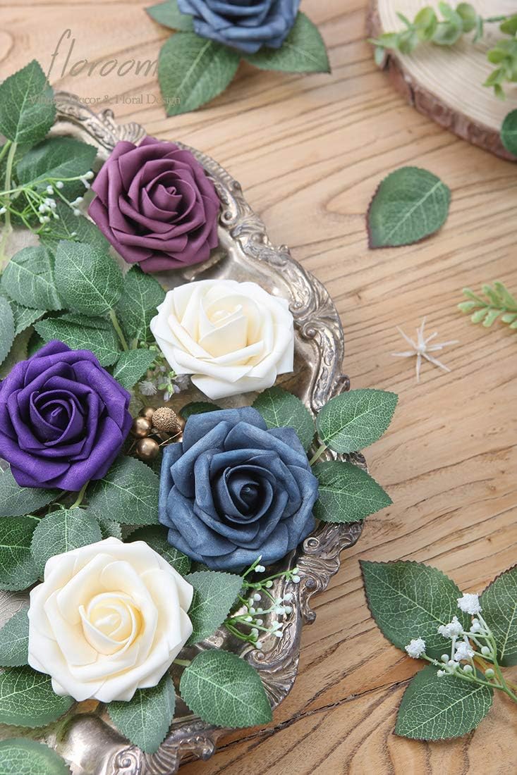Floroom Artificial Flowers 25pcs Real Looking Dark Purple Foam Fake Roses with Stems for DIY Wedding Bouquets Bridal Shower Centerpieces Floral Arrangements Party Tables Home Decorations