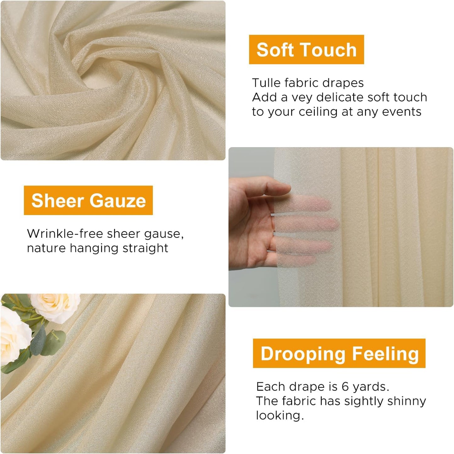 Wedding Arch Draping Fabric 3 Panels 28.7" x 20FT Champagne Sheer Chiffon Backdrop Drapes for Wedding Ceremony Birthday Party Bridal Shower Outdoor Decoration