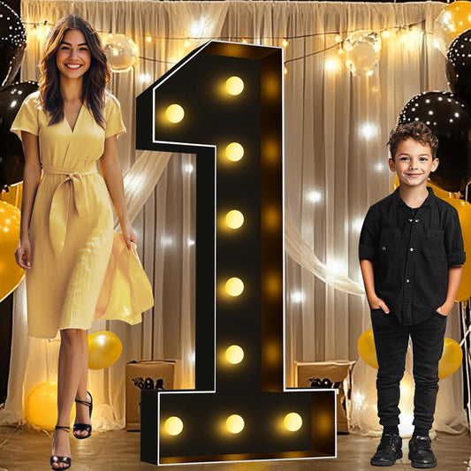 Pooqla 4 FT Light Up Marquee Numbers, Black Letter Big Mosaic Numbers 4 Feet Tall for 1st 16th 21st Birthday, Giant Marquee Number Lights for Balloons Party Anniversary Wedding Decorations, Number 1