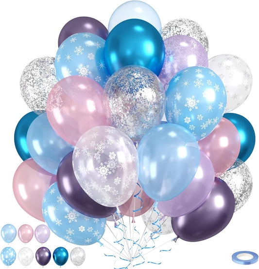Blue And Purple Balloons, 60pcs Metallic Purple Blue Balloons, Pearl Pink Silver Confetti Balloon Snowflake Print Balloon For Girls Women Kids Birthday Baby Shower Winter Snow Theme Party Wedding