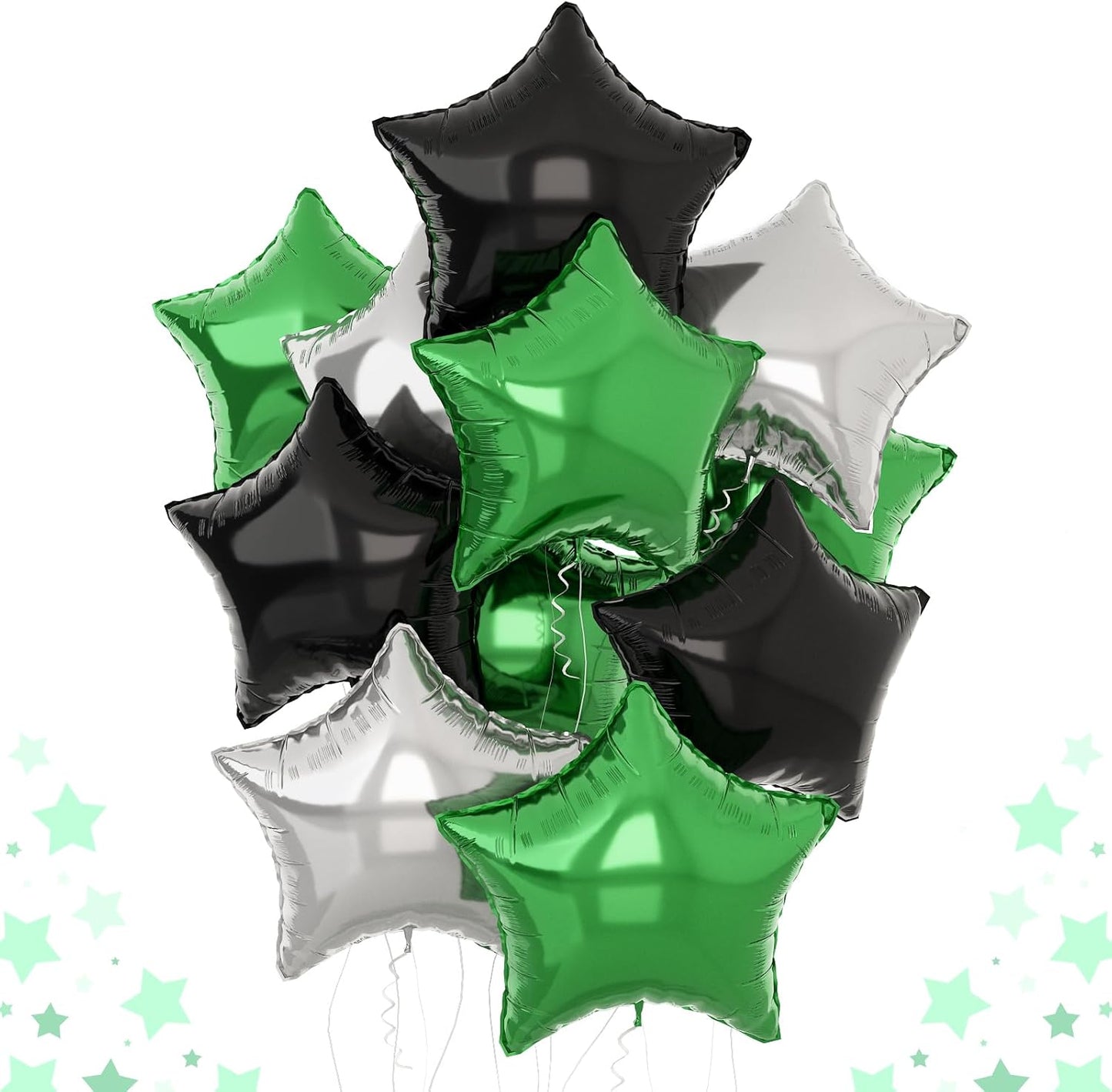 Green Black Star Balloons, 18Inch Balck Olive and Silver Stars Shape Foil Balloons Helium, 12Pcs Green Pentagram Mylar Party Decoration for Boy Men Birthday Graduation Video Games Soccer Party Supplie