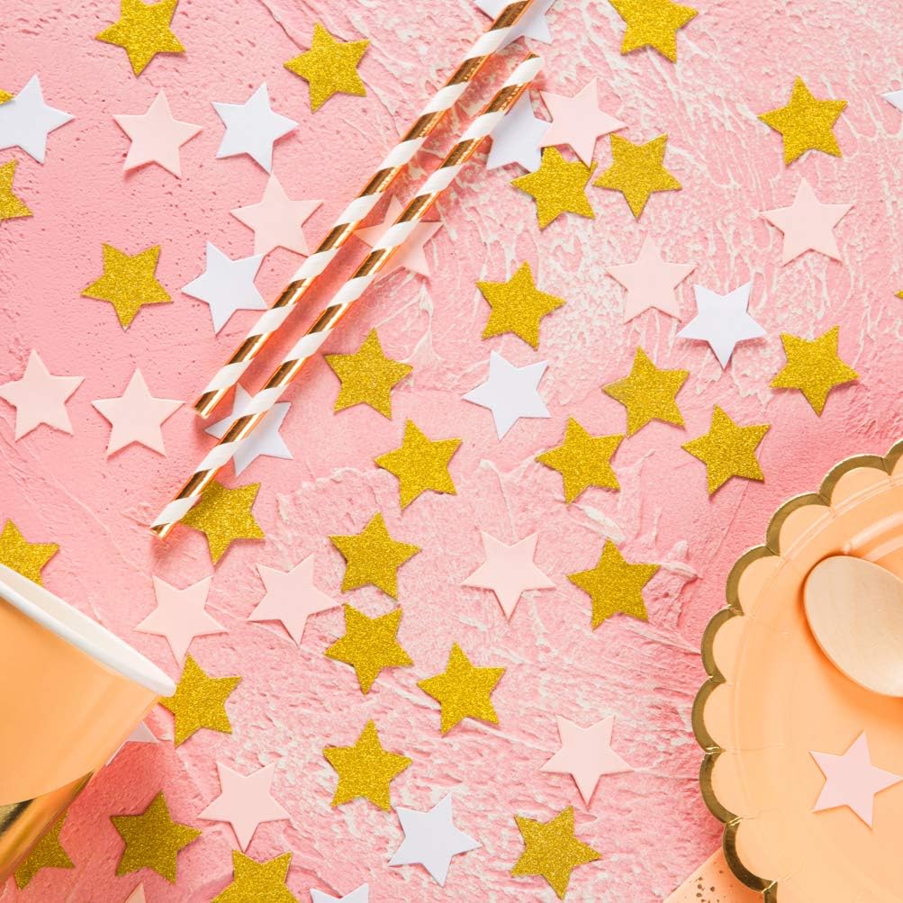 MOWO Glitter Five Stars Confetti Wedding Party Decor and Table Decor, 1.2’’ in Diameter (glitter gold,pink,white,200pc)