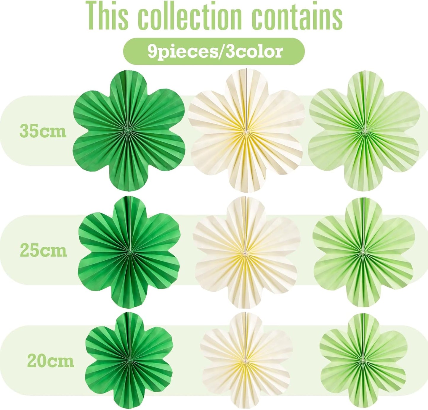 SUNBEAUTY Paper Flowers Decorations for Wall Paper Fans Classroom Decoration Paper Floral Backdrop Decor Paper Fans Decoration Hanging Paper Fans Green Flower Wall Decor,Set of 9