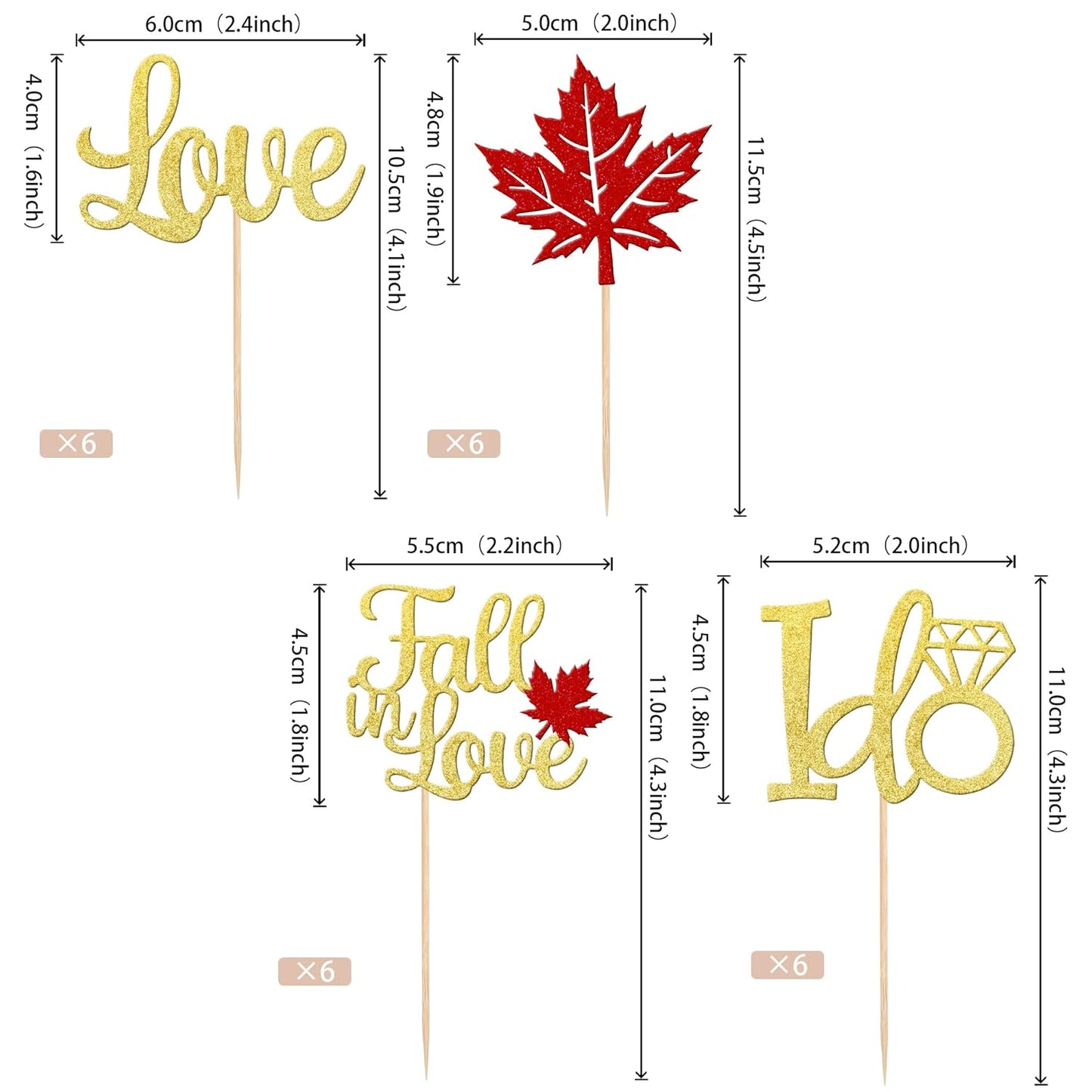 24 PCS Fall in Love Cupcake Toppers Glitter Maple Leaves Love I Do Cupcake Picks Fall Theme Wedding Cake Decorations for Bridal Shower Engagement Thanksgiving Birthday Party Supplies