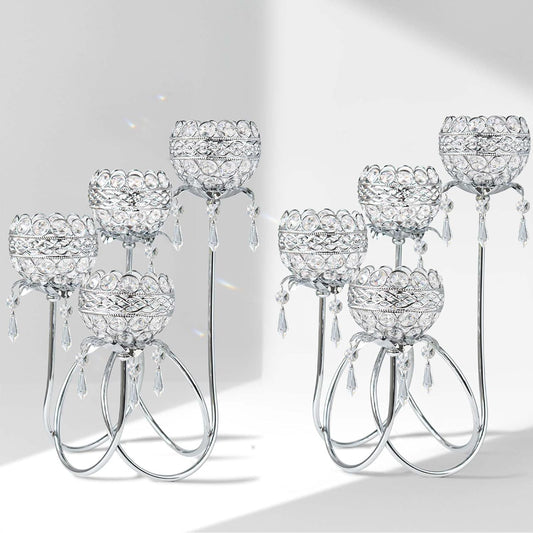 4 Arms Crystal Candelabra Tealight Holder - Tall 15.7 Inch Elegant Tabletop Centerpiece with Crystal Pendant Bowls & Artistic Metal Stand for Wedding, Dining Table, Home Decor (2, Silver)
