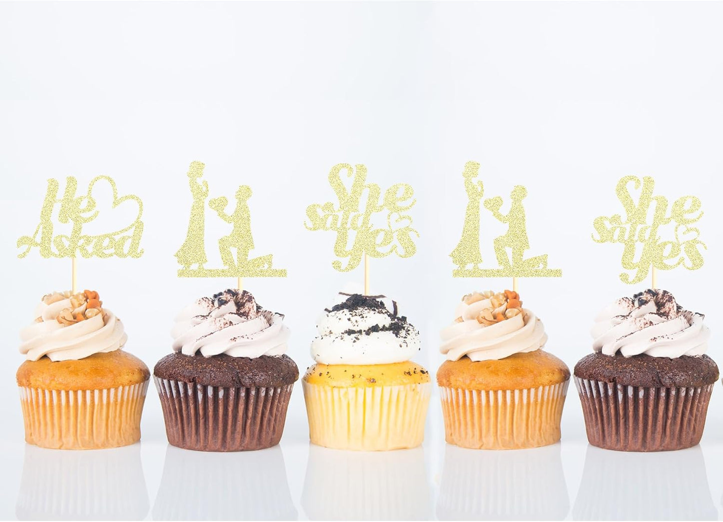 Sotpot 24PCS He Asked She Said Yes Cupcake Toppers With Heart Gold Glitter for Wedding Bridal Shower Wedding Engagement Party Cake Decorations
