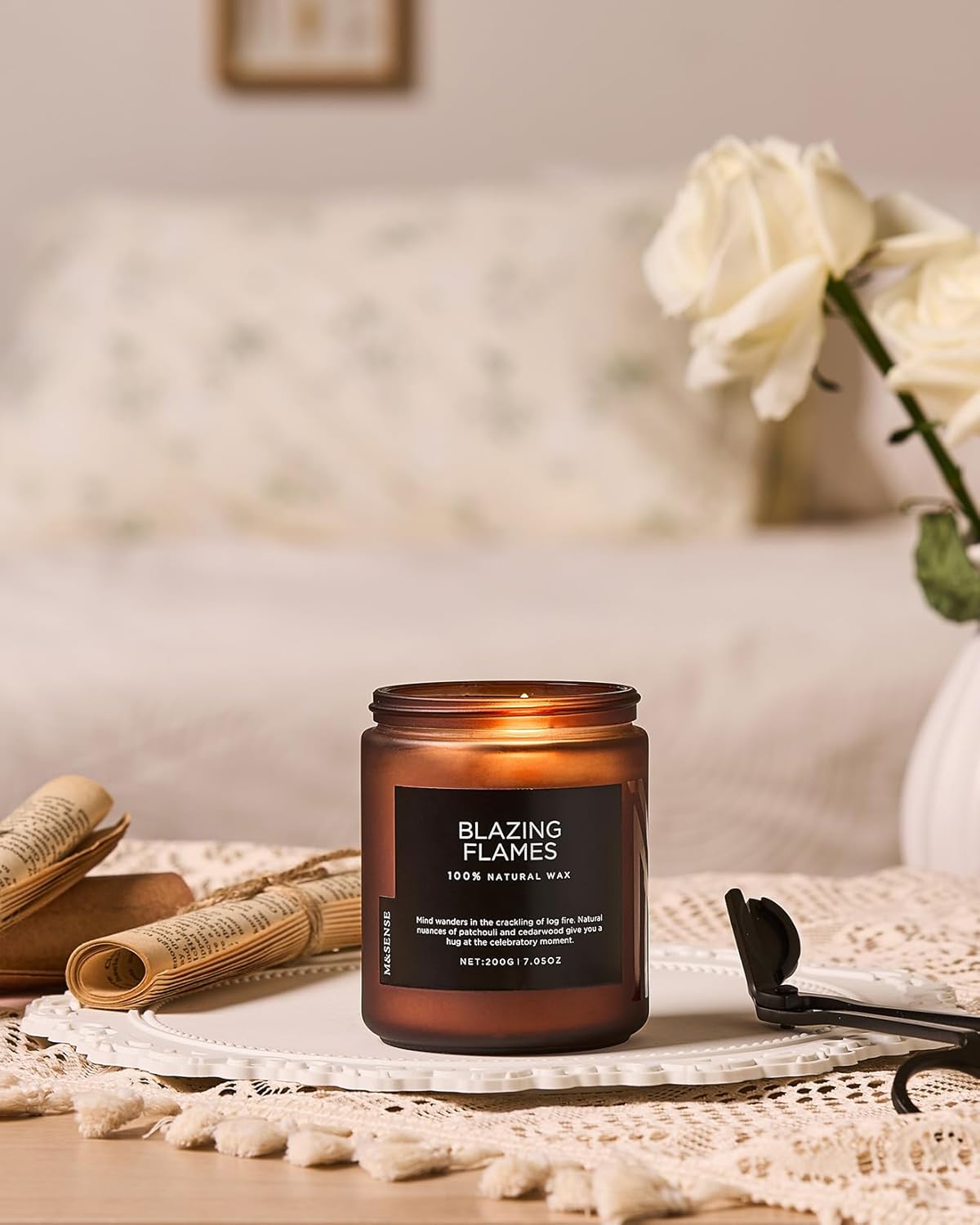 M&SENSE Blazing Flames Scent with Log Fire, Natural Soy Wax Slow Burning Candle for Home Decor, Cedarwood &Cade Scented 7.05oz 50 Hours Burn Cotton Wick Gifts for Celebration Holiday