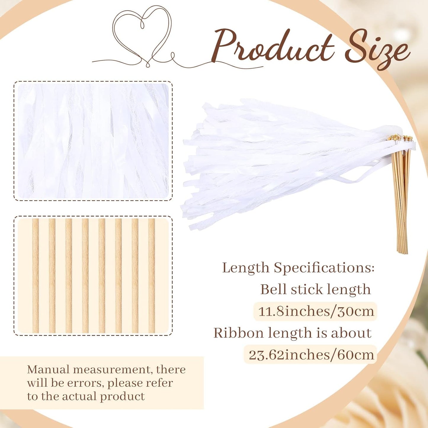 Taiyin 150 Pcs Lace Ribbon Stick Wands Wedding Wand Streamers with Bell Silk Ribbon Fairy Wand Wedding Send Off Streamer for Baby Shower Holiday Party Favors(White)