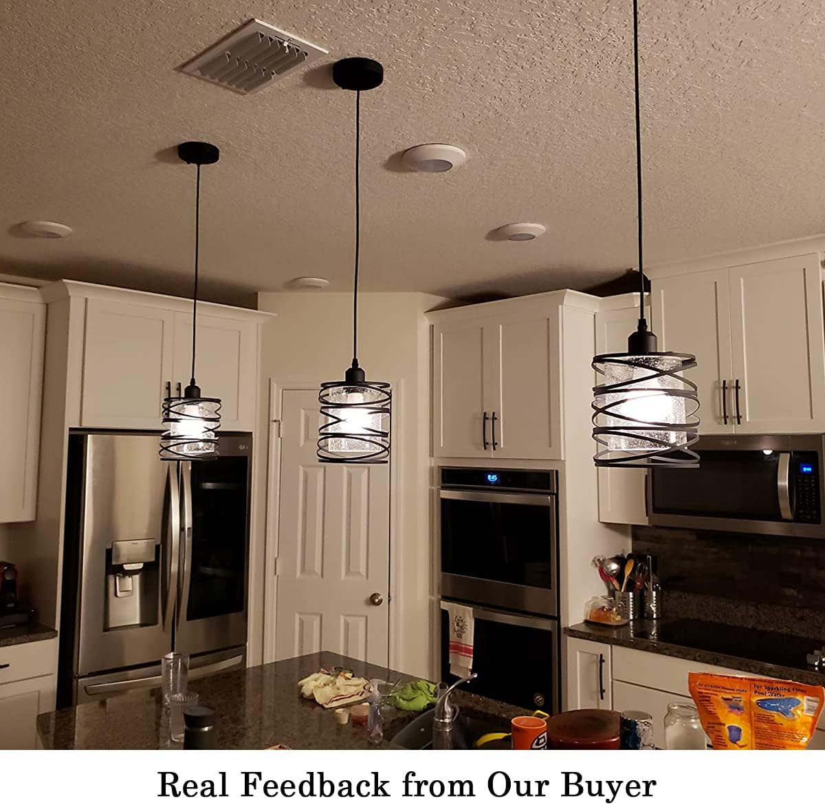 Modern Mini Pendant Light Fixture 3-Pack Kitchen Island Pendant Lighting 6.3''Matte Black Spiral Cage Handblown Clear Seeded Glass Shade Adjustable Cord for Dining Room