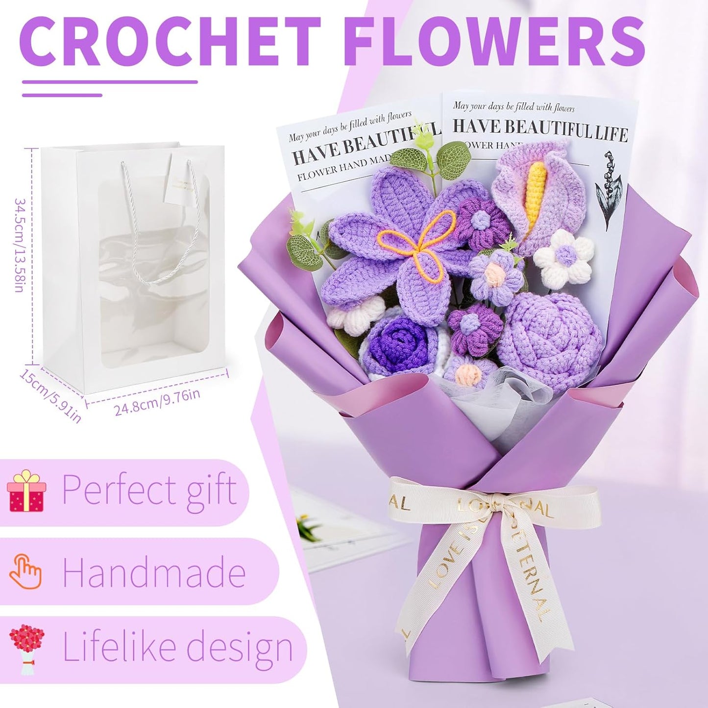 Crochet Flowers Bouquet, Handmade Knitting Crochet Flowers, Tulips Flower and Calla Lily Bouquet for Birthday, Teacher’s Day, Graduation, Valentines (Purple)