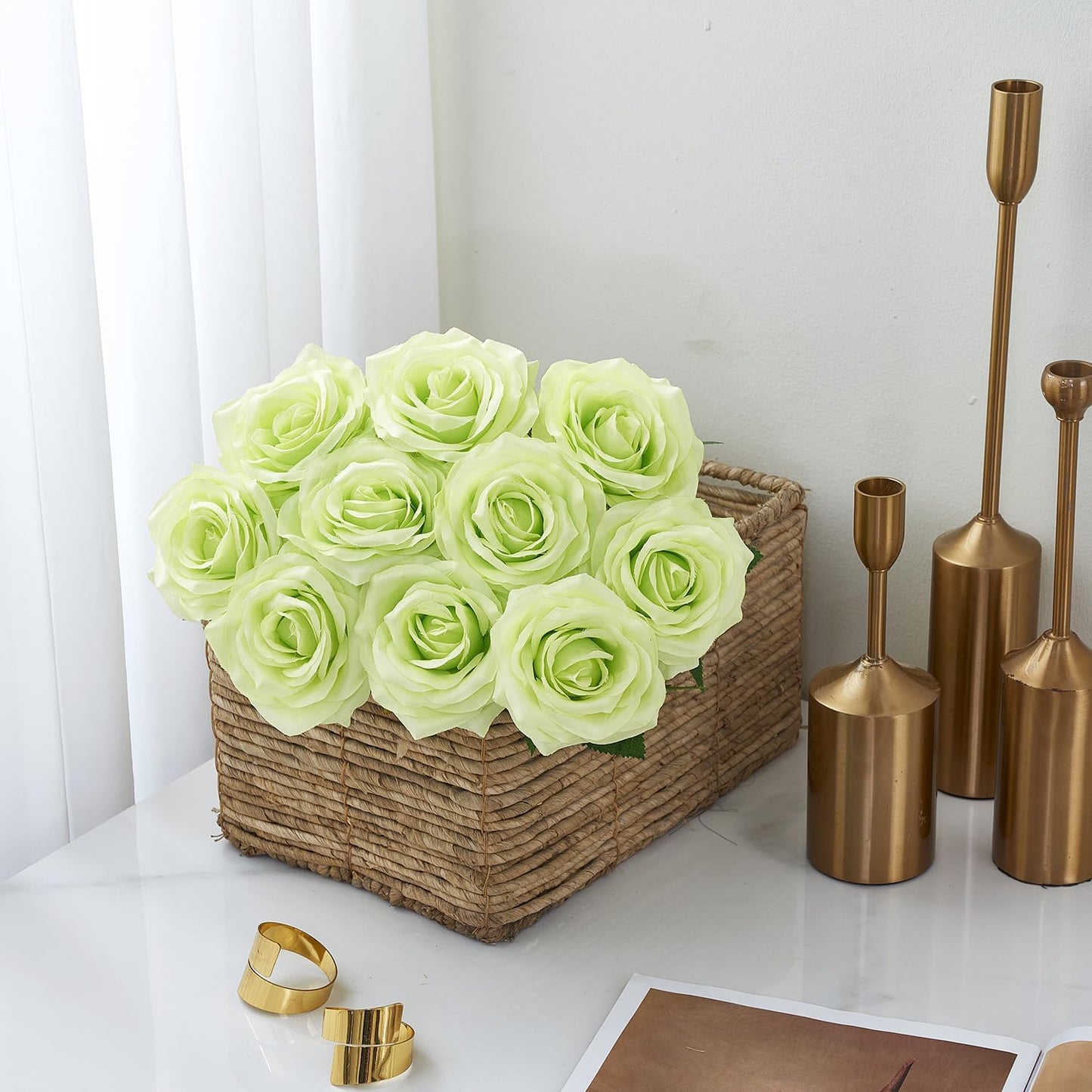 Artificial Rose 10pcs Open Flower Bouquet Faux Rose Stems for Wedding Arrangement, Bridal Bouquet, Centerpiece, Fake Faux Silk Flowers (Pale Green)