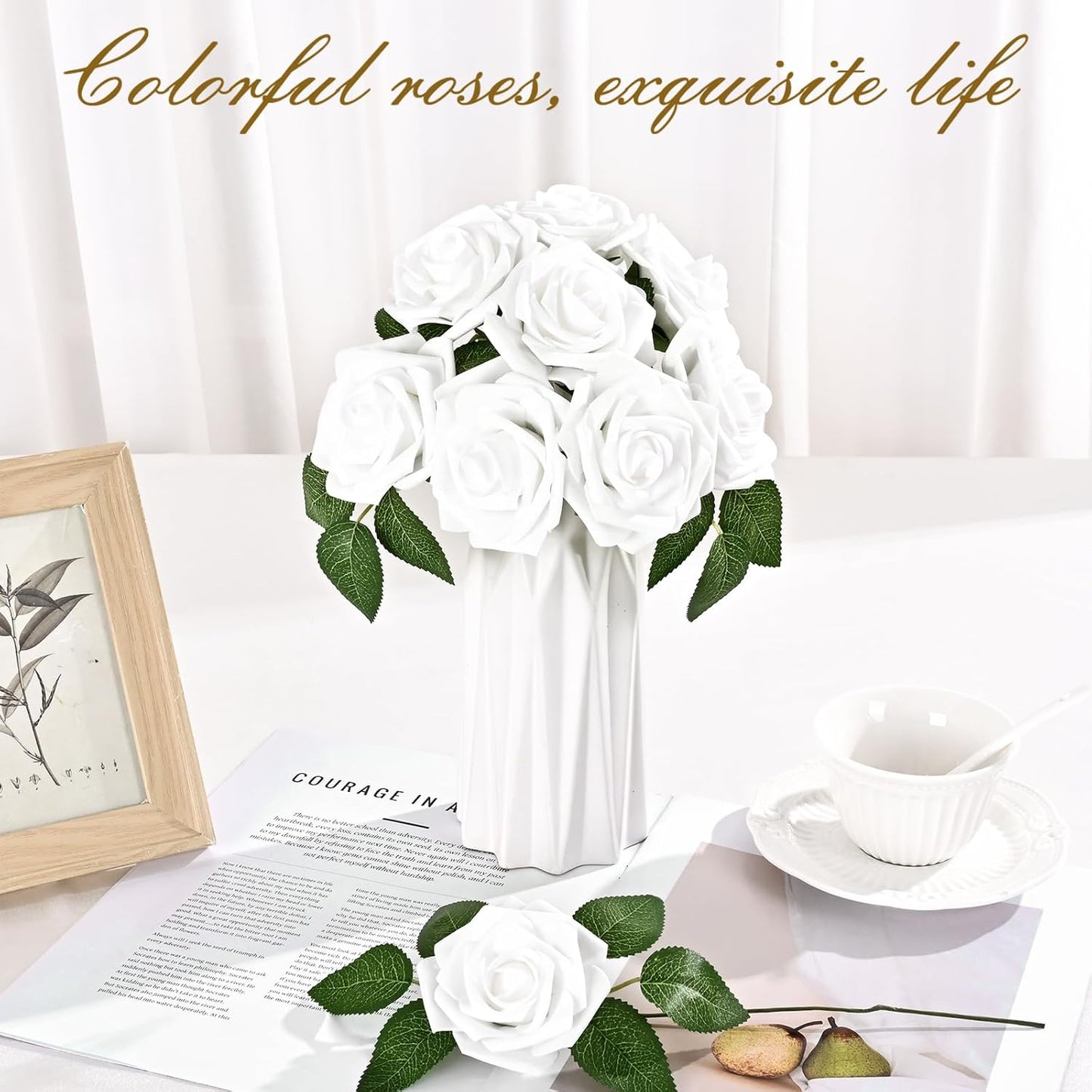 BLEUM CADE 36Pcs Artificial Flowers Fake Roses with Stems, White Boxed Foam Roses for DIY Bouquets Centerpieces Wedding Party Arrangement Bridal Shower Decor