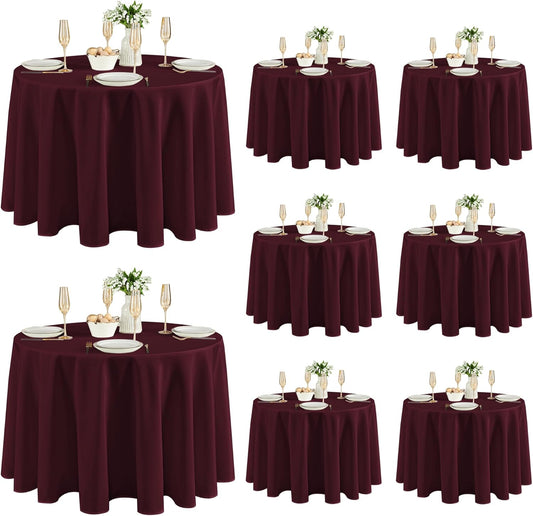 Fitable 8 Pack Round Tablecloths: Stain Resistant Wrinkle Free Circle Table Clothes, Washable Reusable Polyester Table Covers for Wedding Party Birthday Banquet Reception(Burgundy, 120 Inch)