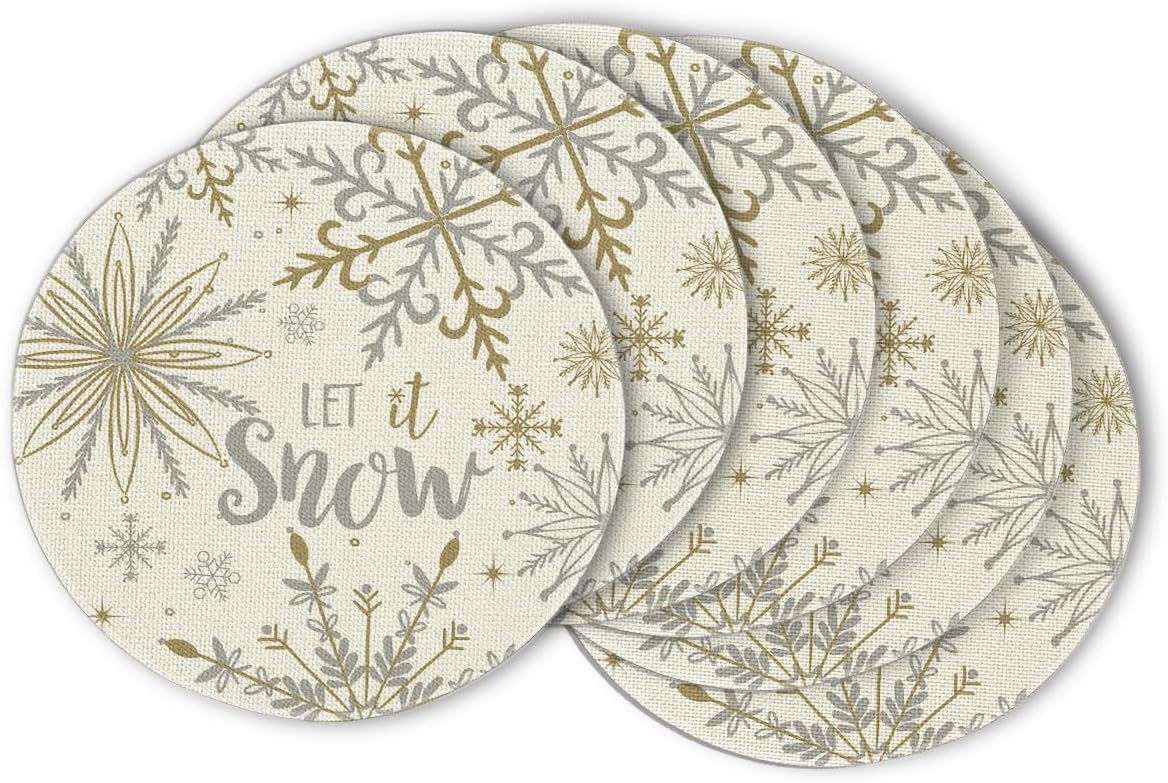 Artoid Mode Beige Snowflake Let It Snow Winter Placemats Set of 6, 14 Inch Seasonal Christmas Xmas Round Table Mats for Dining Decoration