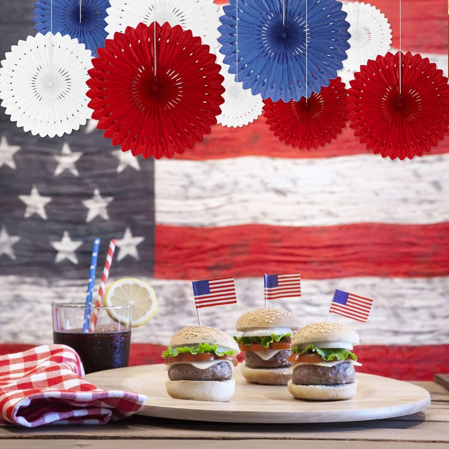 4th of July Patriotic Decorations, 18 Pcs Red White Blue Hanging Honeycomb Paper Fans, Round Paper Fan Decorations for American Fourth of July Memorial Day Independence Day Events Party Supplies