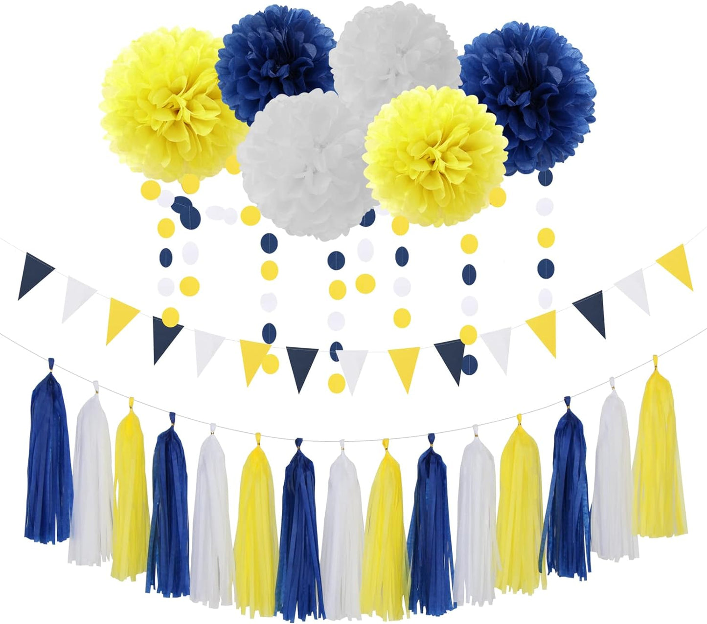 Navy-Blue White-Yellow Graduation Party Decorations - 23pcs Tissue Pom Poms Streamers,Birthday Tassel Garland Banner,Wedding Engagement Baby Bridal Shower Decor Ouruola