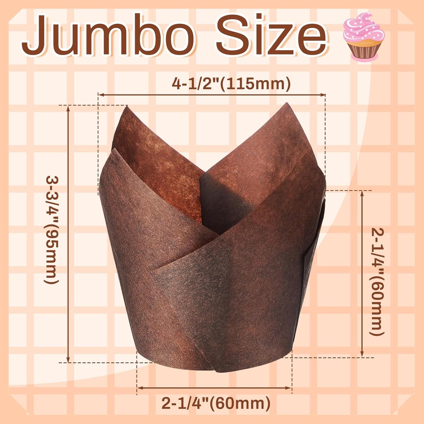 300 Pcs Jumbo Muffin Liners for Baking 2-1/4" x 4" Large Tulip Cupcake Liners Greaseproof Cupcake Wrapper Paper for Weddings Birthday Christmas Anniversaries Party (Brown)