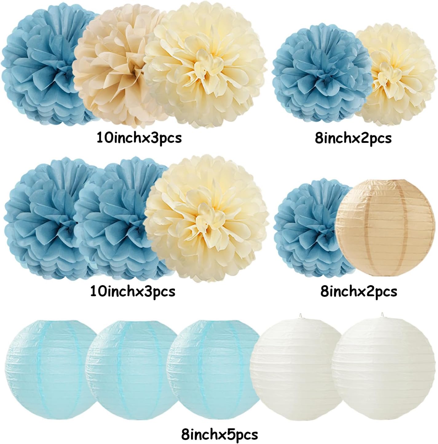 Dusty-Blue Champagne Party-Decorations Paper-Flowers Lanterns - 15pc Boho Beige Gold Tissue Pom Poms Streamers,Birthday Bachelorette Bridal Baby Shower Engagement Wedding Graduations Decor Panduola