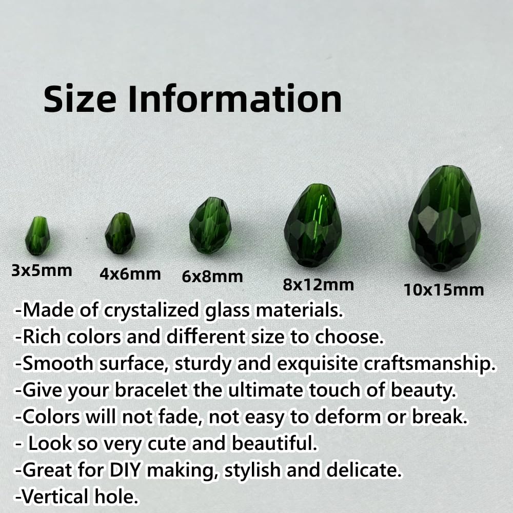 150pcs 4x6mm Teardrop Crystal Glass Beads for Jewelry Making, Faceted Vertical Hole Teardrop Glass Spacer Beads for Wind Chimes Bracelet Earring Necklace DIY Craft(Dark Green)