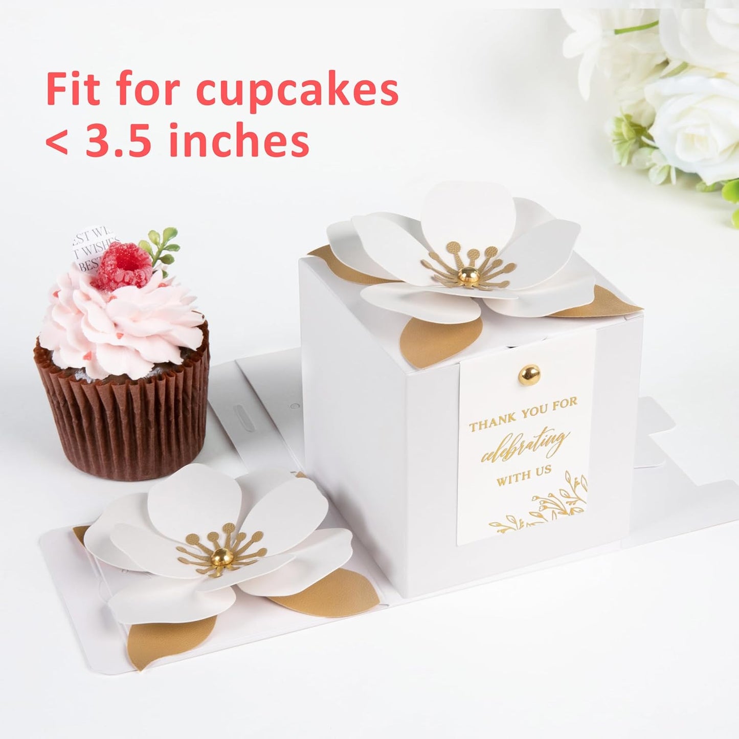 FEIYI 20 PCS White Gift Boxes, 3 In 1 Favor Boxes with Floral Decor, White Thank You Tags Cupcake Containers Gift wrapping for Wedding, Baby Shower, Birthday, Decorations Party - 3.55x3.55x3.55