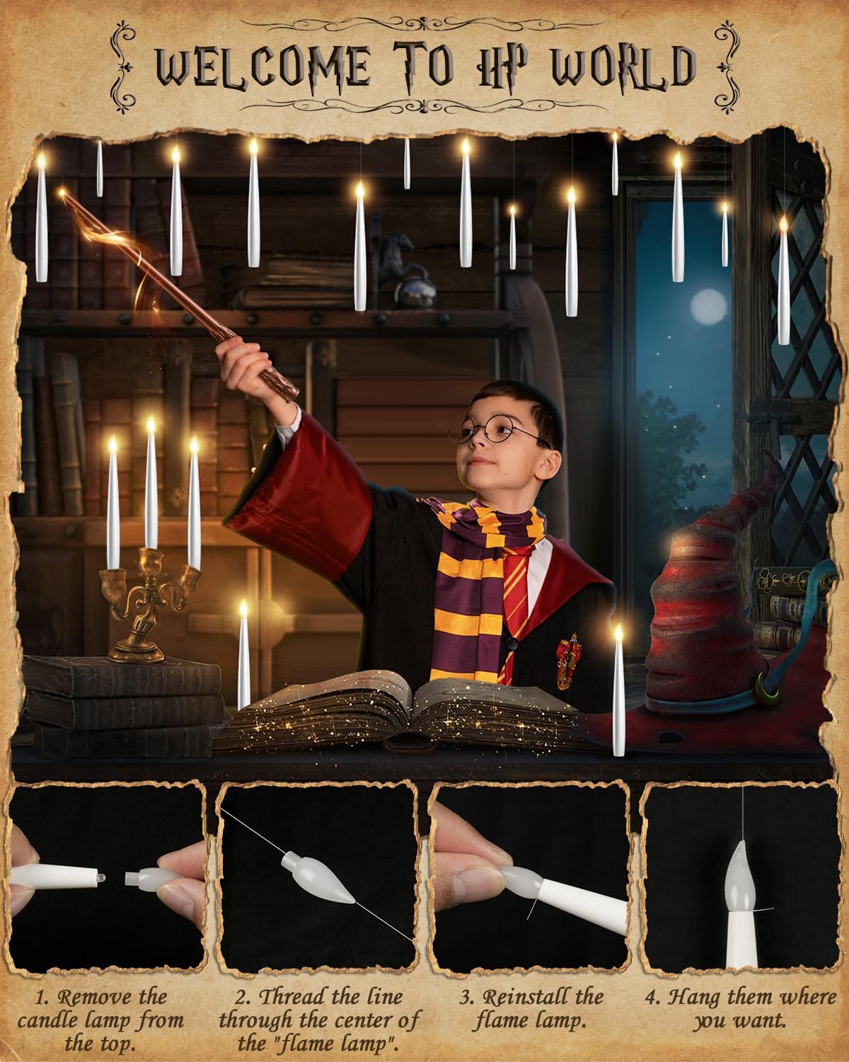 Floating Candles with Wand - 18 Pack Halloween Decorations Magic Flameless Candles Flickering Light Hanging Candle Remote with Glasses, Tie, Scarf, Battery Operated Candles for Christmas Party Decor