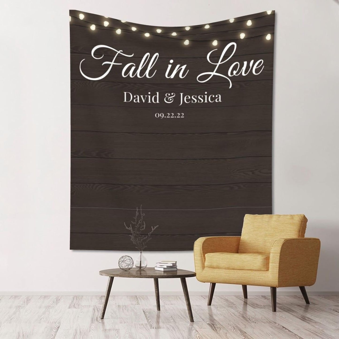 Wedding Backdrop for Reception, Custom Tapestry with Names & Date, Rustic Sign, Personalized Wood Photography Lights Banner Ceremony, Arch Decor One Size