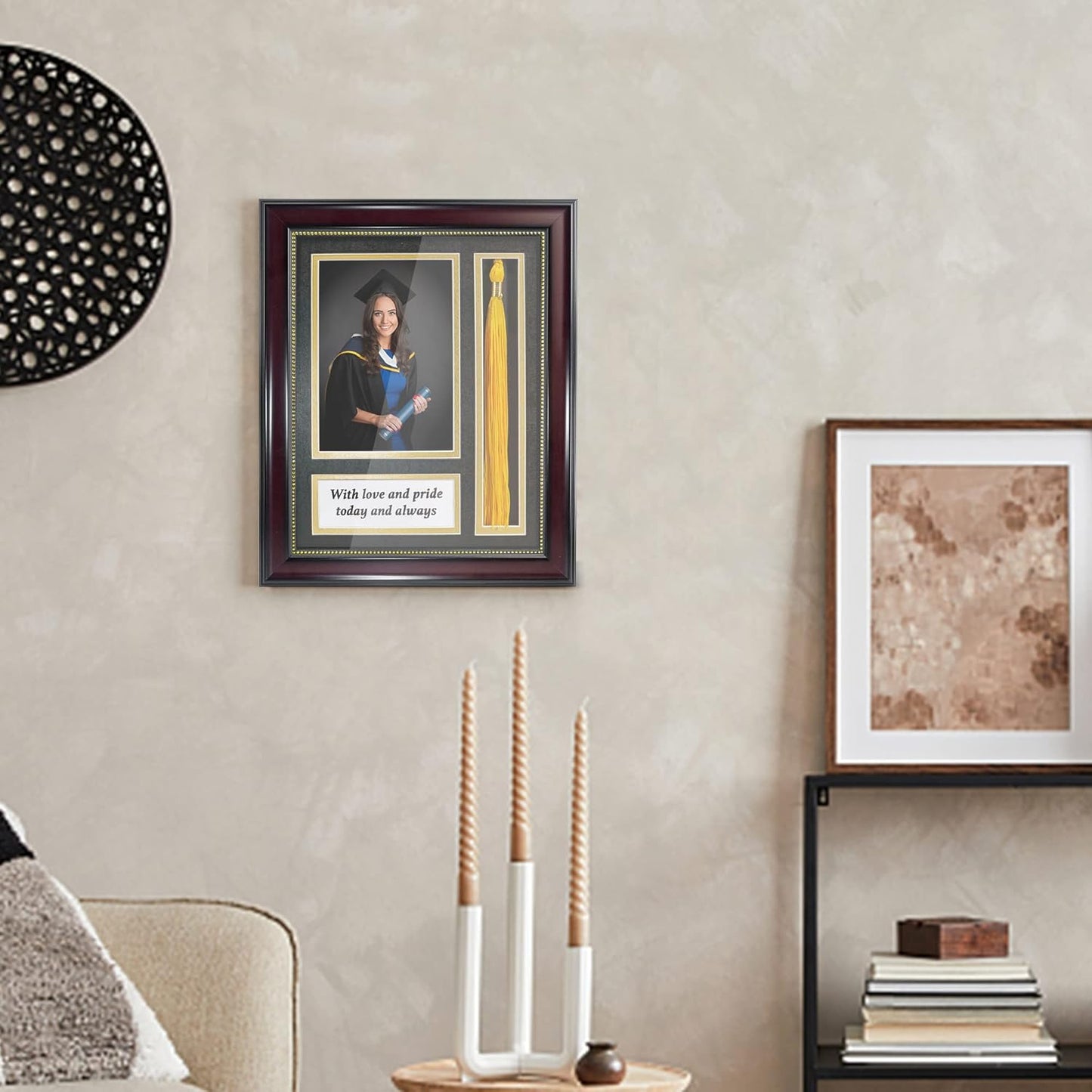 GraduationMall Graduation Photo Shadow Box Frame with Tassel Holder for 5x7 Pictures,Real Glass,Black over Gold Double Mat,Wall & Tabletop Design