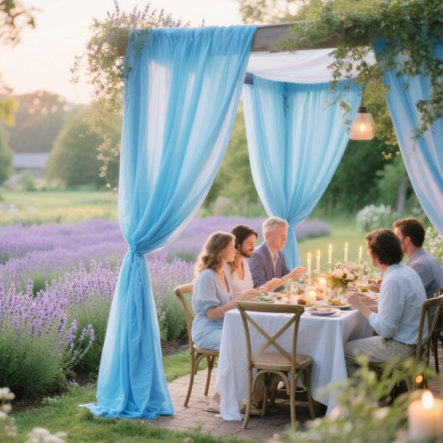 VOK Blue Wedding Arch Draping Fabric Chiffon Fabric, 29in x 18Ft Sheer Chiffon Outdoor Curtain for Wedding Ceremony Birthday Party Decoration (Blue,1 Panel)