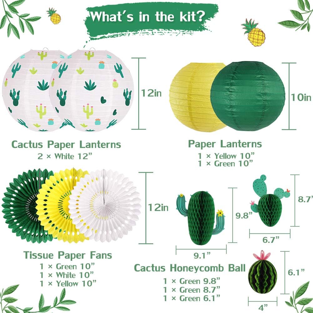 Cactus Party Decorations, Hawaiian Party Supplies Tropical Hanging Paper Lanterns Cactus Honeycomb Tissue Paper Fans for Llama Birthday Luau Party Decorations (Green)