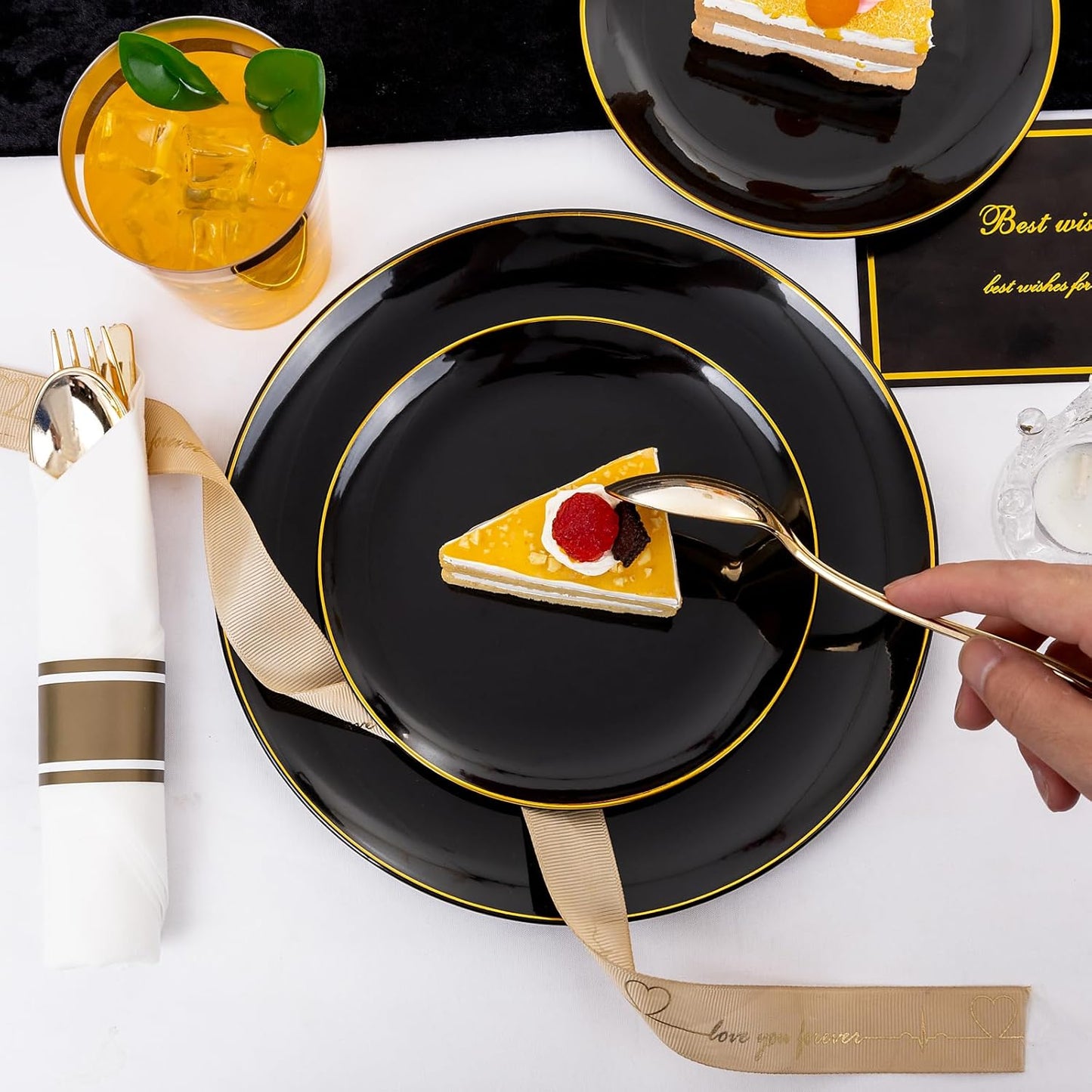 KIRE 350 PCS Plastic Dinnerware Set for 50 Guests - Black and Gold Plates 50 for Dinner 50 for Dessert & 50 Pre Rolled Napkins with Disposable Silverware 50 Cups for Halloween Party/Banquet/Wedding