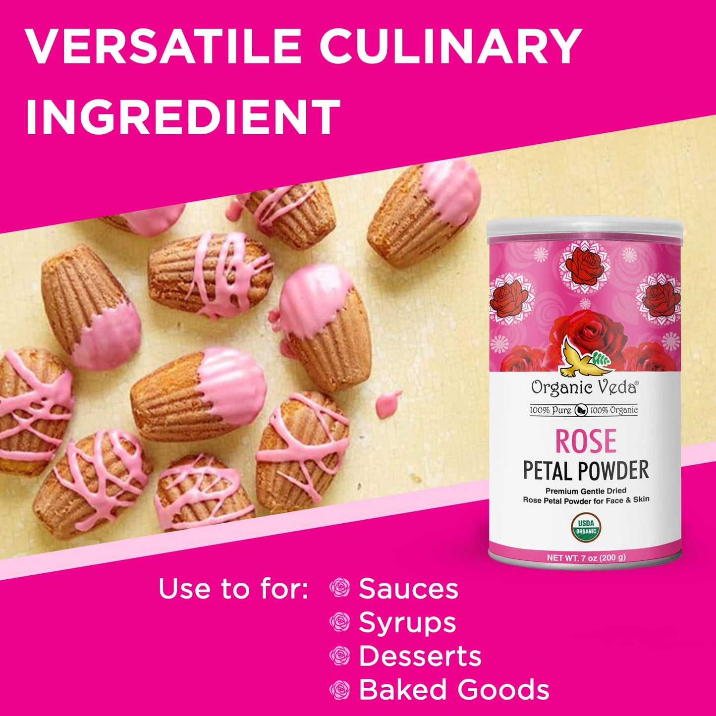 Organic Veda Edible Rose Petal Powder - Organic Rose Petal Powder for Cooking, Herbal Tea, Smoothies, Toppings - Natural Rose Petal Powder for DIY Face Masks, Skin & Hair Care - Vegan, No Gluten - 7oz