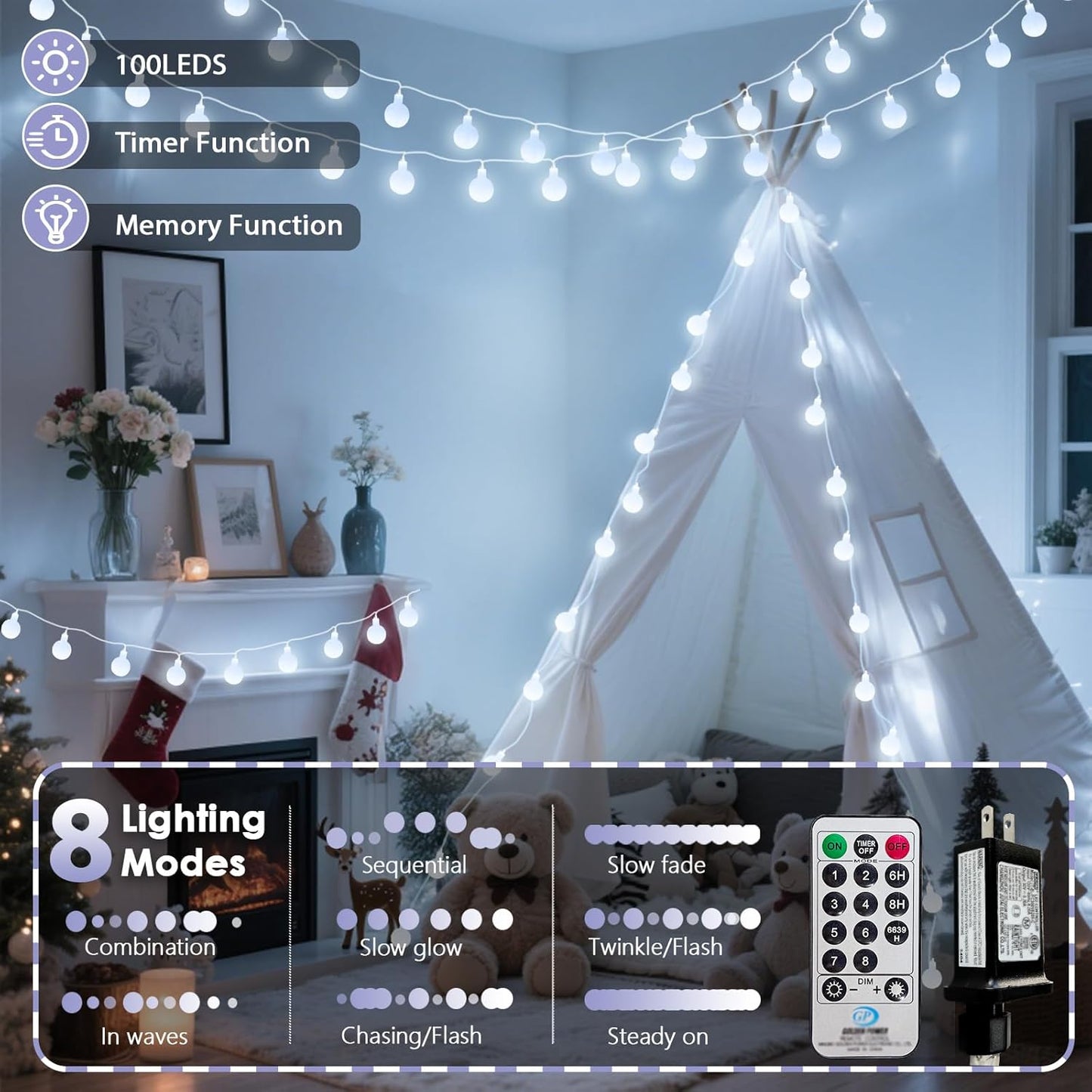 100LED Connectable String Lights Indoor Outdoor for Bedroom, 43ft White Fairy Lights with Remote & Timer, Plug in 8 Modes Waterproof Globe Hanging Twinkle Light for Room Classroom Wedding Decor