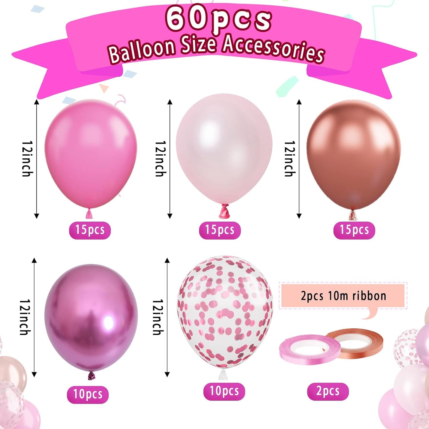 Paready Pink Confetti Balloons, 60 Pcs 12 Inch Metallic Red Rose Gold and Pink Latex Confetti Balloons for Birthday Baby Shower Engagement Anniversary Wedding Bridal Shower Party Graduation Decoration