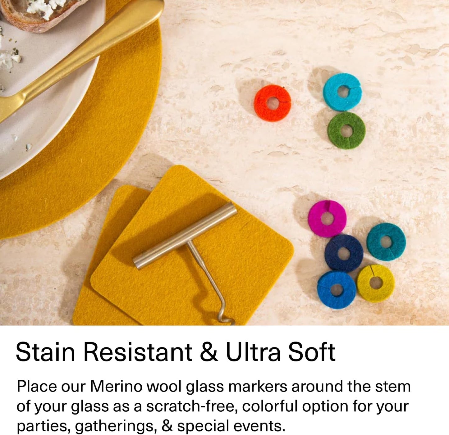 Graf Lantz - Wine-Ote's Merino Wool Wine Glass Charms (Cheers) 7 Count - Drink Markers with Note Card - Reusable - 7 Colors - Boho Style - Home Decor, Party Favors & Vacation Essentials - 5mm Felt