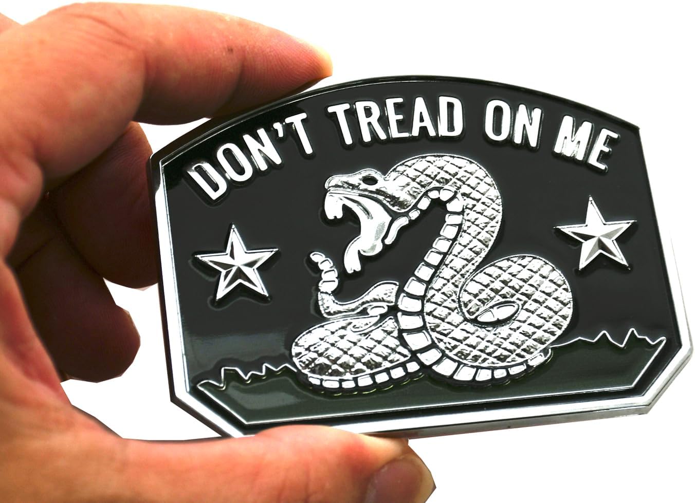 1x Gadsden Flag Rattlesnake Car Emblem 3D Decal Sticker with Don't Tread ON ME Slogan Fit for Car Truck Motorcycle Window Door and Flat Surface (Chrome)
