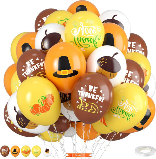 Thanksgiving Balloons, 12 Inch Brown Yellow Burnt Orange Coffee White Pumpkin Turkey Autumn Latex Balloons for Fall Thanksgiving Harvest Birthday Party Baby Shower Decorations