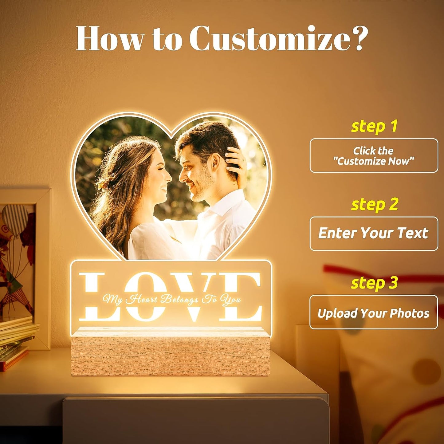 Custom Picture Frames with Photo, Personalized Photo Frame with Night Light, Customized Picture Frame, Personalized Anniversary Couple Gifts for Women Men Him Her Girlfriend Boyfriend