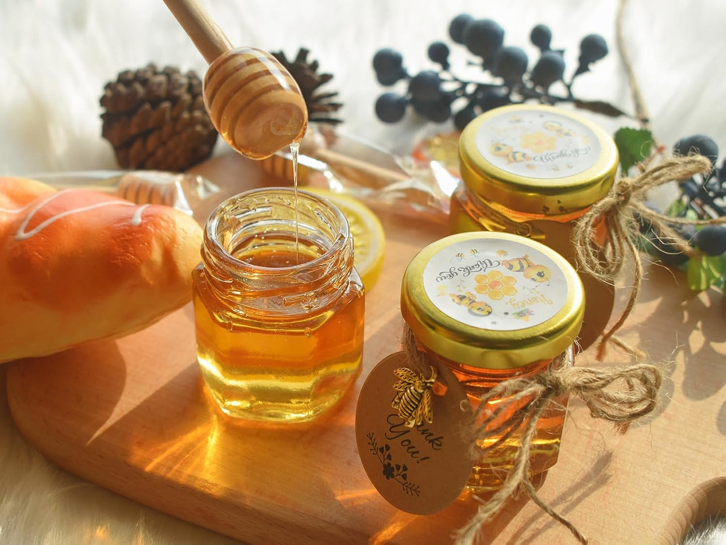 IIKUM 60 Pack 1.5 oz Glass Honey Jars with Baby Shower Sash, Dippers, Bee Pendants, Gift Bags, Thank You Cards, Jute and Stickers-Great Honey Jars Set for Baby Shower Favors, Welcome Baby Decorations