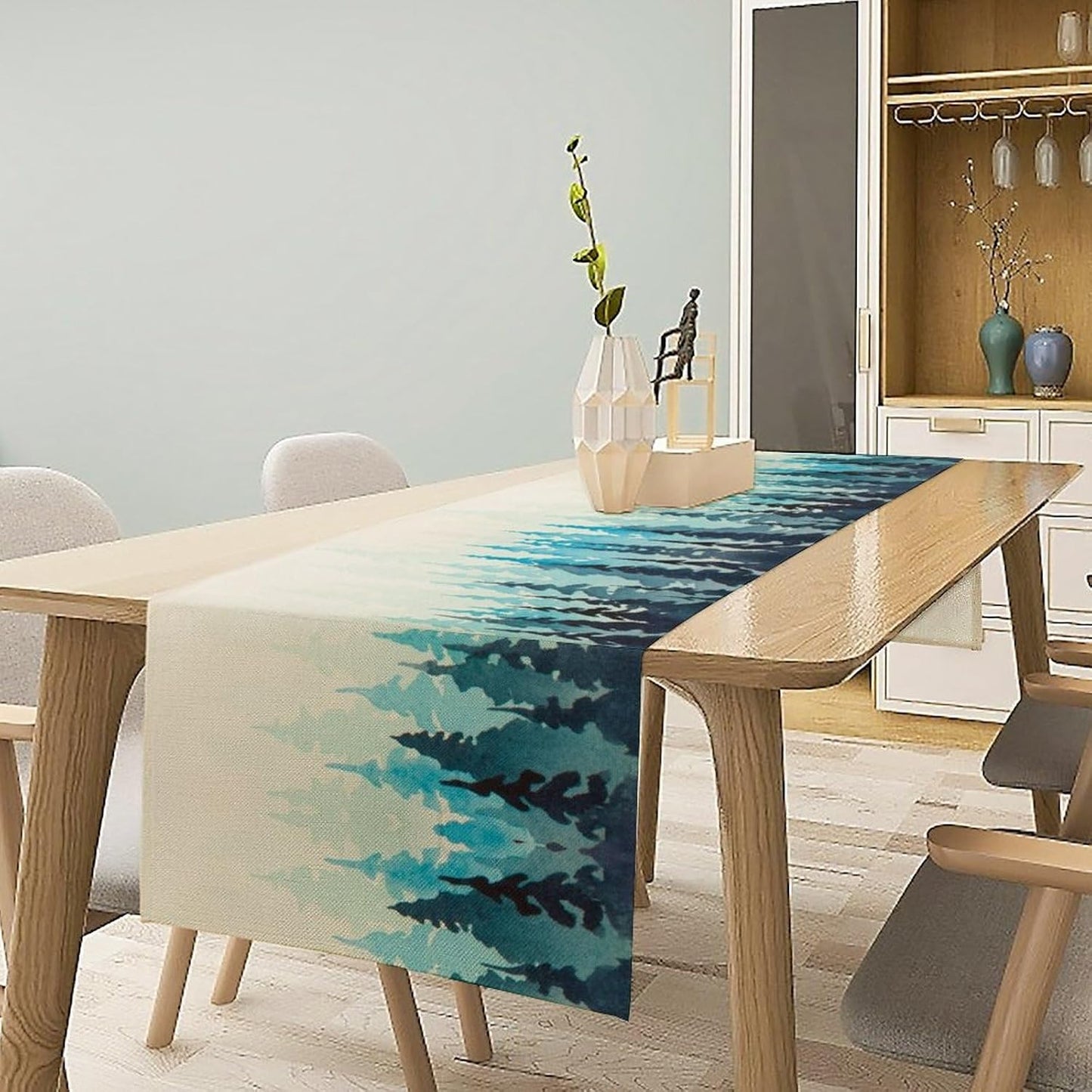 Misty Forest Table Runner,Foggy Blue Forest Landscape Table Runner for Kitchen Dining Table Home Party Decoration 13x90 Inch