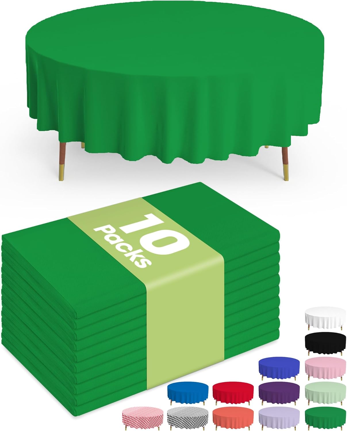 Pureegg Plastic Table Cloth Disposable 10 Pack, 84'' Round Table Cloths, St Patricks Day, Christmas Decorations, Tablecloths, Round, Forest, Emerald, Plastic Cover, Leakproof & Sturdy, Green