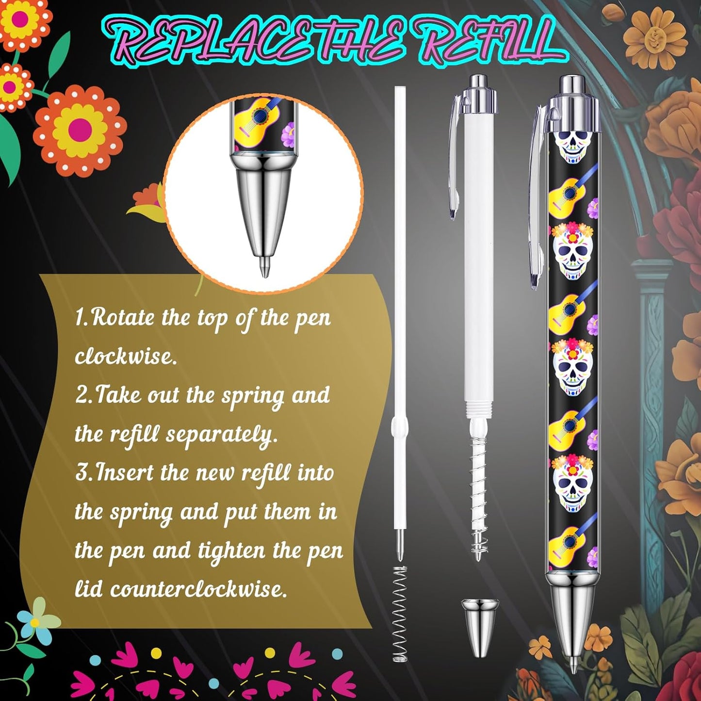 24 Pcs Day of the Dead Gifts Pens Dia De Muertos Party Favors Skull Ballpoint Pen Halloween Party Decoration Dia De Muertos Gifts for College Office Business Men Women Retired Supply