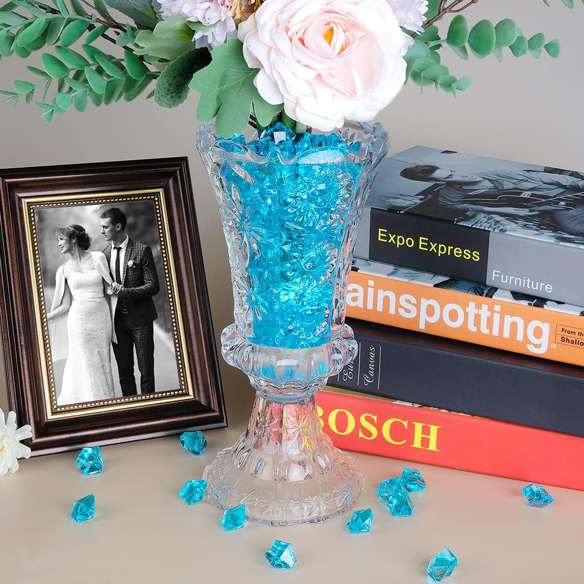 Babenest Acrylic Crushed Ice Rocks, 150 PCS Fake Crystals Plastic Ice Cubes Diamonds Gems for Vase Fillers, Home Decoration, Table Scatter, Event, Wedding, Arts & Crafts (Baby Blue)