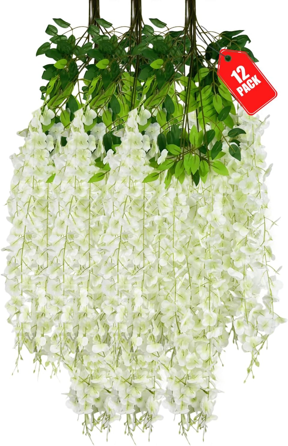 12 Pack Green White Wisteria Hanging Flowers, 3.44 Ft Fake Hanging Flowers, Artificial Wisteria Garland Vines for Wedding Room Backdrop Outdoor Patio Garden Decoration