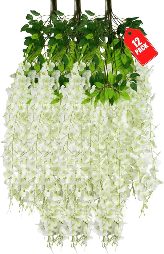 12 Pack Green White Wisteria Hanging Flowers, 3.44 Ft Fake Hanging Flowers, Artificial Wisteria Garland Vines for Wedding Room Backdrop Outdoor Patio Garden Decoration