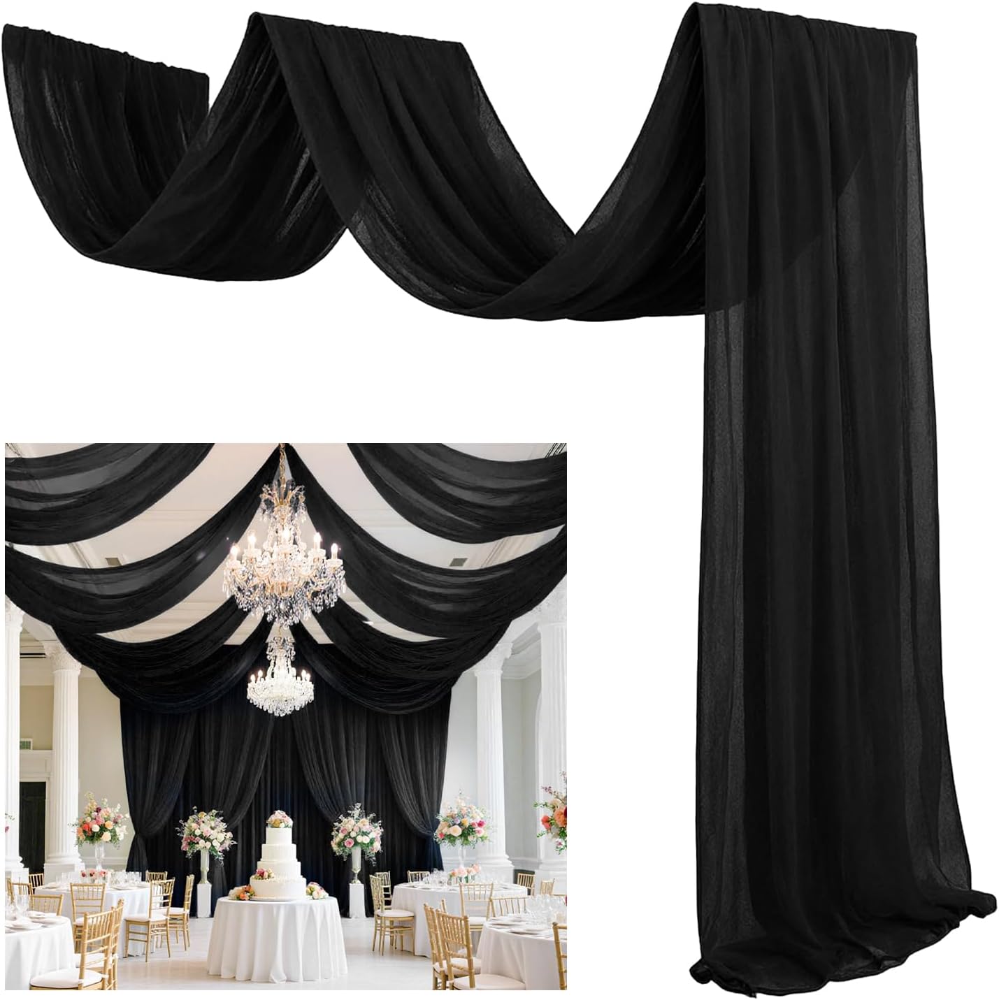 FUHSY Wedding Ceiling Drapes Black Ceiling Drapes for Weddings 5FTx30FT 2 Panels Wedding Arch Drapery Ceiling Fabric Draping Fabric Sheer Voile Curtain Arch Drapes for Ceremony Outdoor Indoor