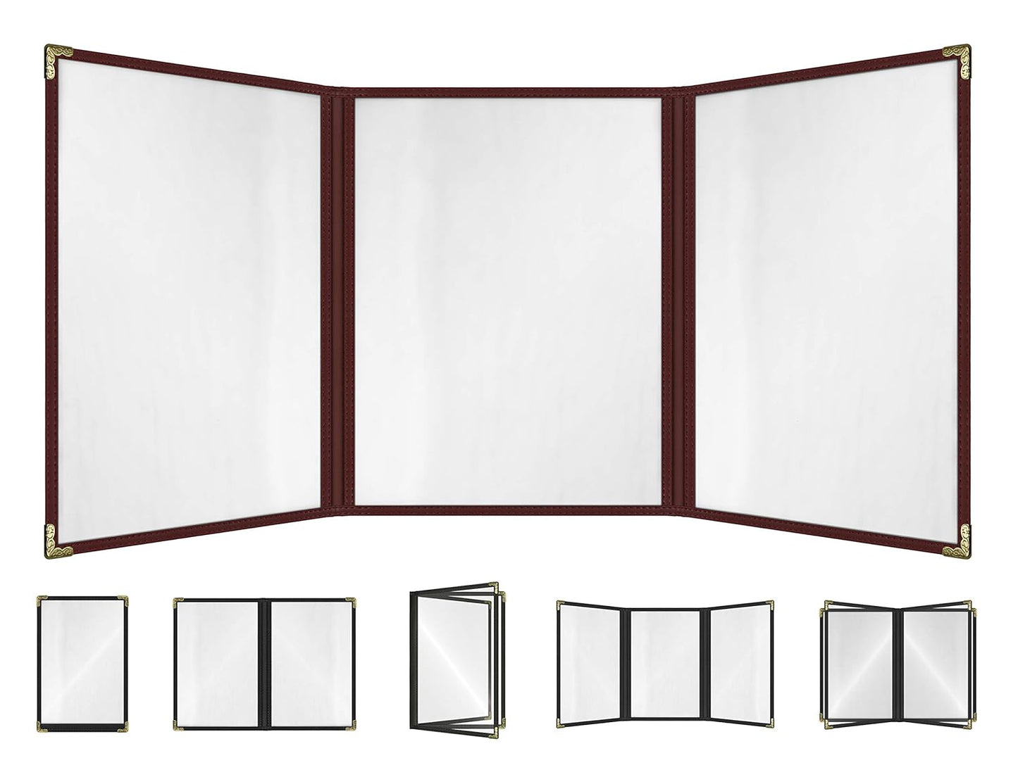Goodsmart Restaurant Menu Covers – 25 Pack Burgundy 6-View Trifold 8.5" x 11", Side-Loading Vinyl & Plastic Menu Holders, Clear Menu Sleeves, Leather-Style Café Covers with Gold Corners